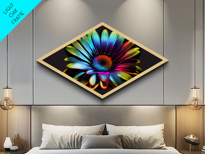 Neon Petal Burst Diamond Shaped Canvas Art Print with vibrant rainbow daisy, dark background floral decor, modern flower wall piece