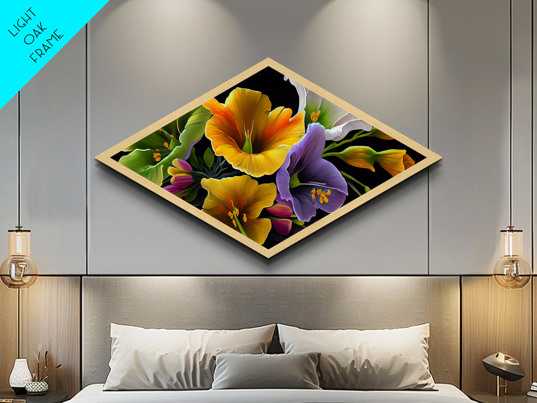 Midnight Bloom Glow Diamond Shaped Canvas Embossed Print with bold floral close-up, colorful petals on black, dramatic flower wall art