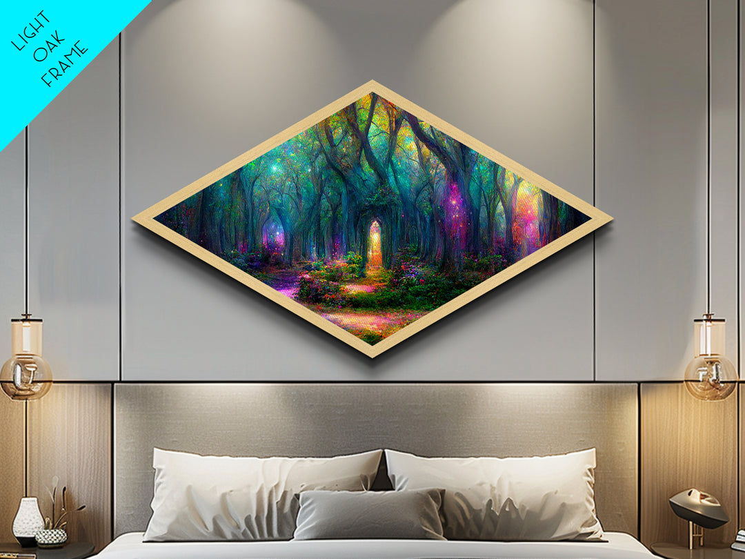 Firefly Glow Forest Diamond Shaped Canvas Art Print, whimsical fairy lights in woods, enchanted mystical woodland fantasy decor