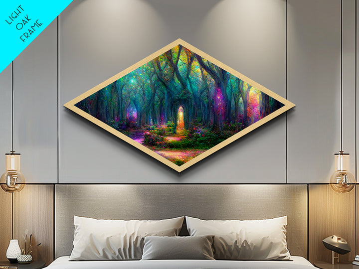 Firefly Glow Forest Diamond Shaped Canvas Art Print, whimsical fairy lights in woods, enchanted mystical woodland fantasy decor