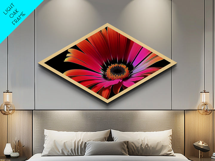 Vibrant Sunset Petals Diamond Shaped Canvas Textured Print, Red Orange Flower Wall Art, Modern Botanical Gift, Floral Bedroom Decor