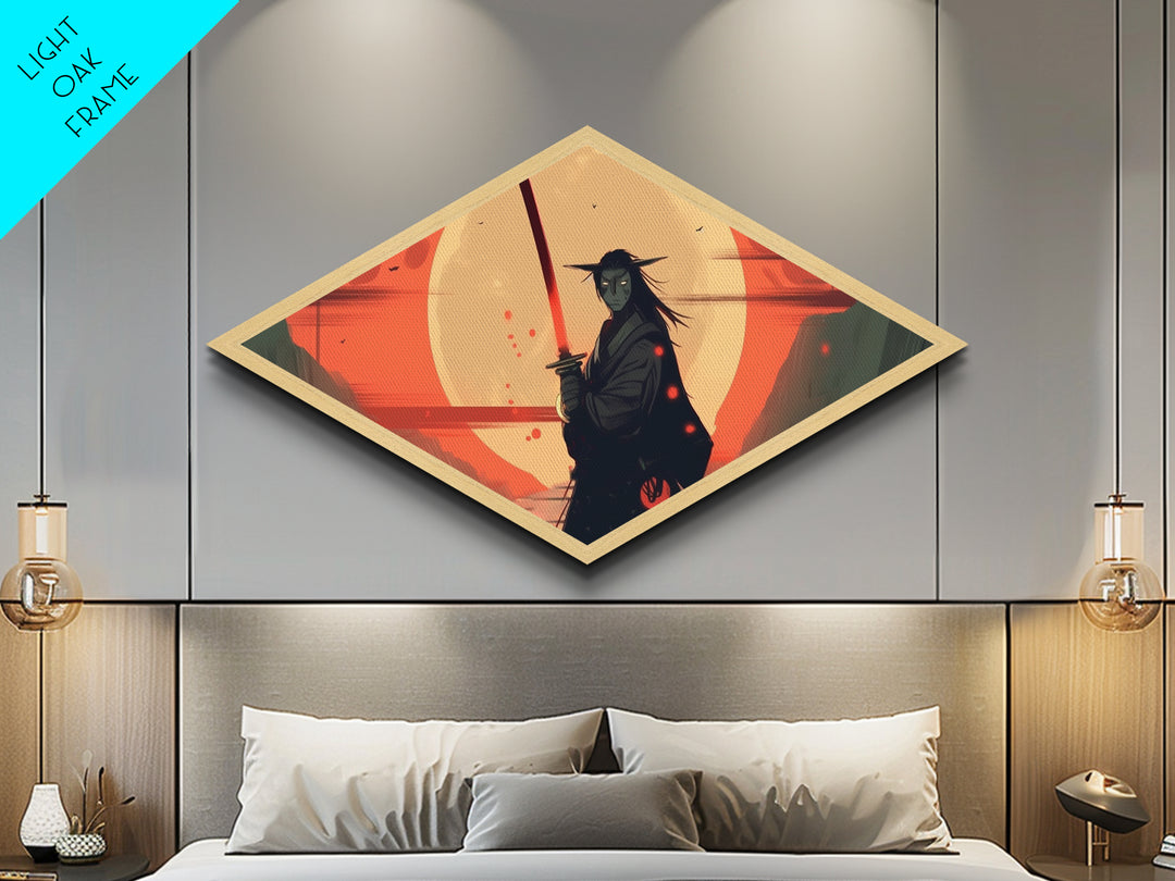 Demon Samurai Stance Diamond Shaped Canvas Art Print, Japanese Anime Warrior Decor, Red Moon Battle Scene, Teen Room Artwork