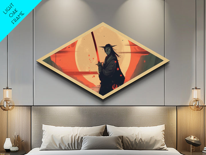 Demon Samurai Stance Diamond Shaped Canvas Art Print, Japanese Anime Warrior Decor, Red Moon Battle Scene, Teen Room Artwork