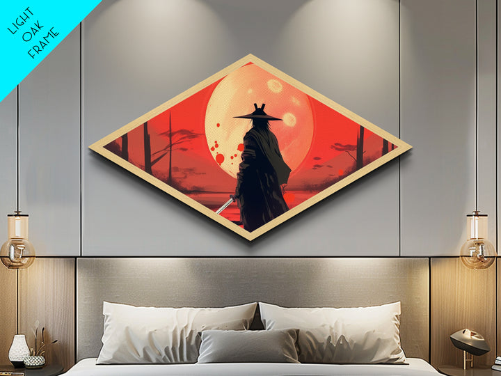Lone Ronin Eclipse Diamond Shaped Canvas Textured Print, Samurai Sunset Wall Art, Anime Warrior Decor, Japanese Aesthetic Gift