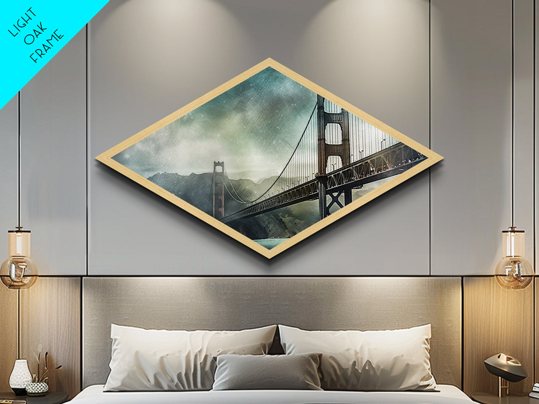 Golden Gate Haze Diamond Shaped Canvas Textured Print, San Francisco Bridge Watercolor, Urban Landscape Art, Travel Lover Gift