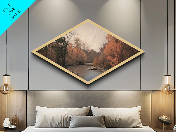 Autumn River Scene – Diamond Shaped Canvas Textured Print, Rustic Wall Art, Fall Landscape Decor, Nature-Inspired Gift, Cabin Living Room