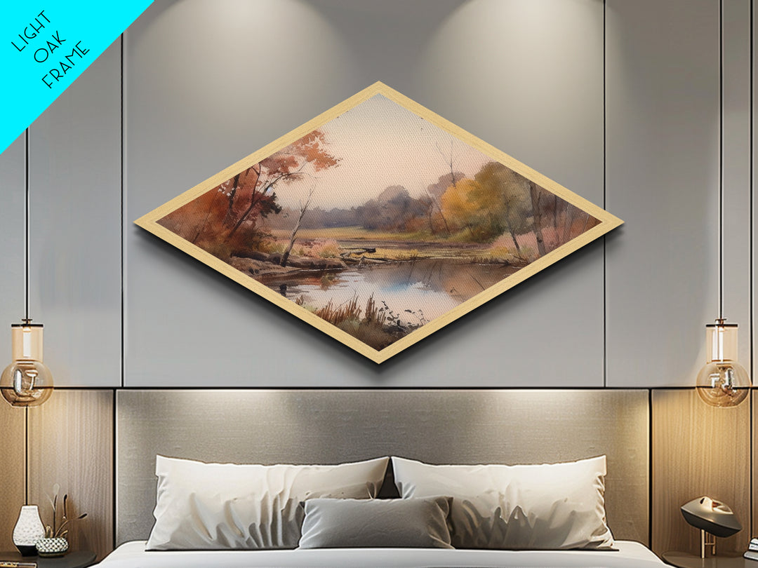 Woodland Reflections – Diamond Shaped Canvas Textured Print, Fall Forest Art, Water Scene Accent, Cozy Home Nature Wall Decor