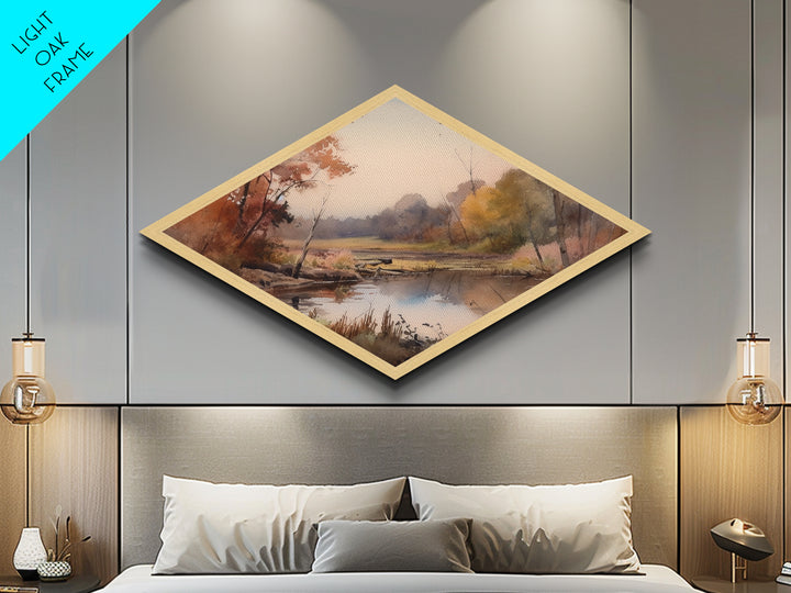 Woodland Reflections – Diamond Shaped Canvas Textured Print, Fall Forest Art, Water Scene Accent, Cozy Home Nature Wall Decor