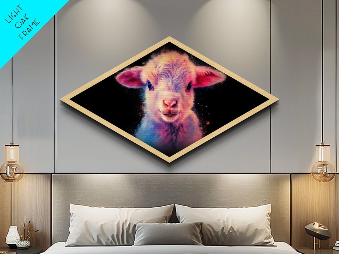 Neon Lamb Glow – Diamond Shaped Canvas Embossed Print, Vibrant Nursery Animal Art, Cute Pastel Gift, Baby Room Farm Decor