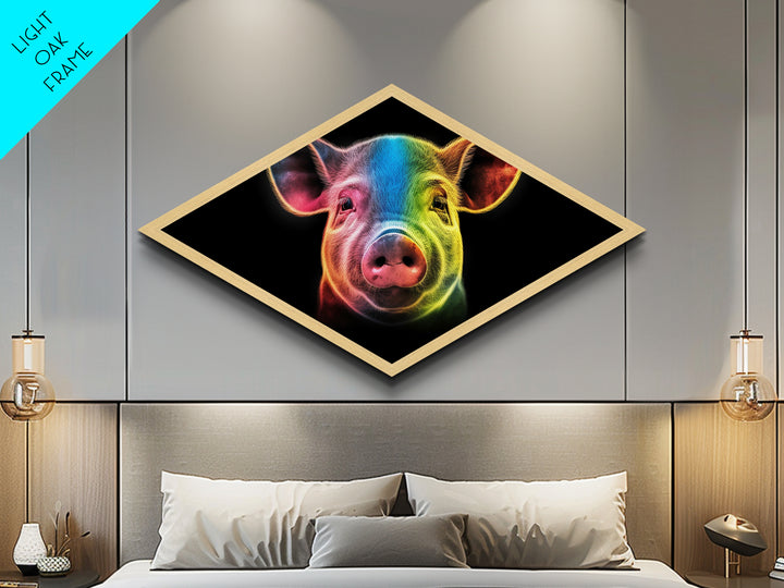 Radiant Piglet Portrait – Diamond Shaped Canvas Embossed Print, Farm Animal Wall Art, Neon Rainbow Decor, Kids Room Pop Style