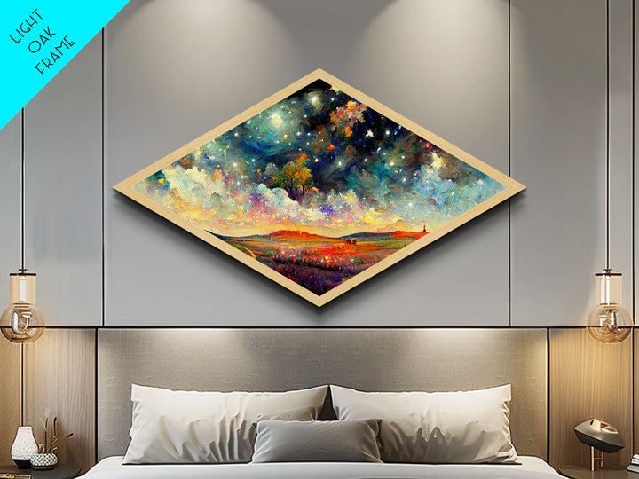 Enchanted Forest Path Diamond Shaped Canvas Embossed Print, glowing staircase fantasy decor, dreamy woodland surreal artwork