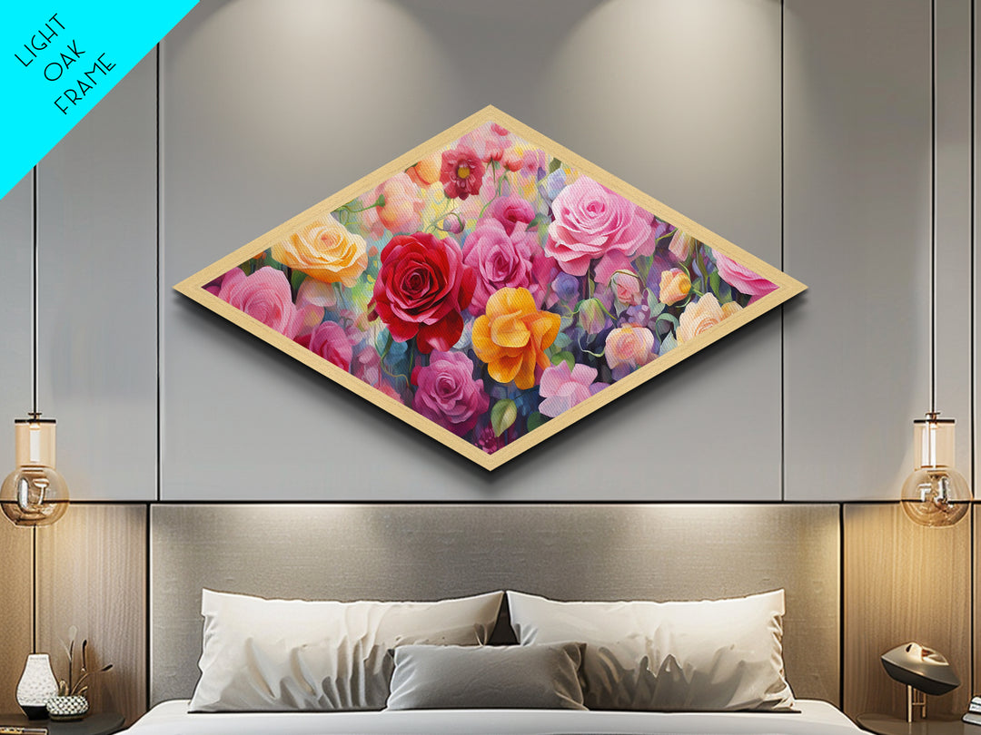 Garden Rose Symphony Diamond Shaped Canvas Art Print with pink red yellow roses, floral wall decor, romantic gift, nursery wall accent