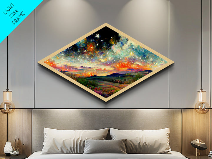 Celestial Dreamscape Field Diamond Shaped Canvas Art Print, night sky stars over hills, vibrant cosmic countryside fantasy decor