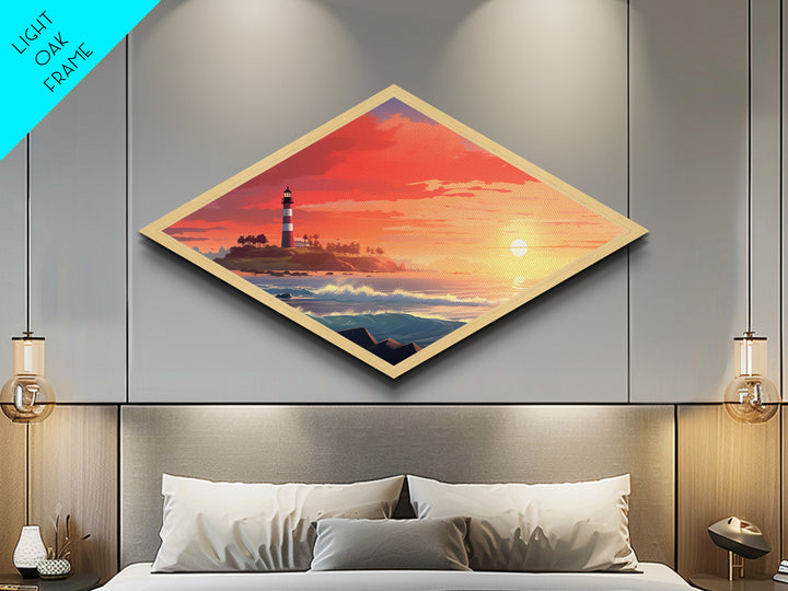 Diamond Shaped Sunset Coastline – Canvas Textured Print with Lighthouse Wall Art, Beach House Decor, Nautical Ocean Scene, Summer Gift