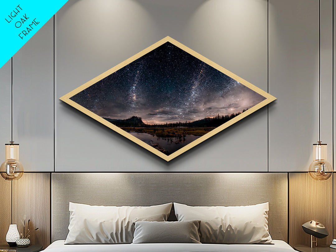 Starlit Landscape Glow Diamond Shaped Canvas Textured Print, dreamscape night sky meadow art, celestial fantasy field scene