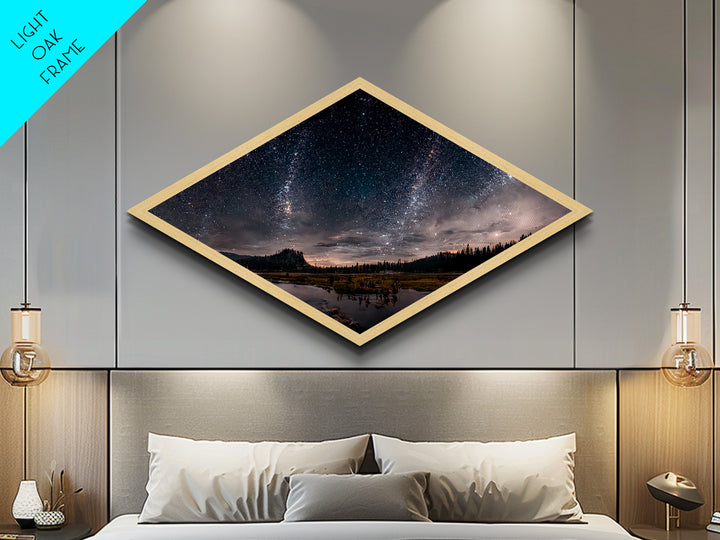 Starlit Landscape Glow Diamond Shaped Canvas Textured Print, dreamscape night sky meadow art, celestial fantasy field scene