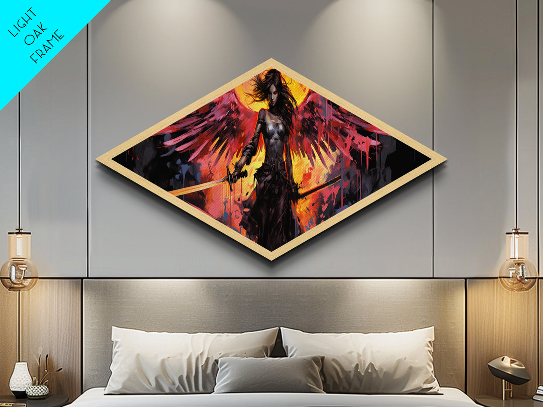 Blade Wing Warrior Diamond Shaped Angel Canvas Art Print fiery red wings sword epic fantasy female warrior modern home wall decor