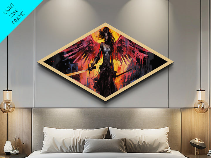 Blade Wing Warrior Diamond Shaped Angel Canvas Art Print fiery red wings sword epic fantasy female warrior modern home wall decor