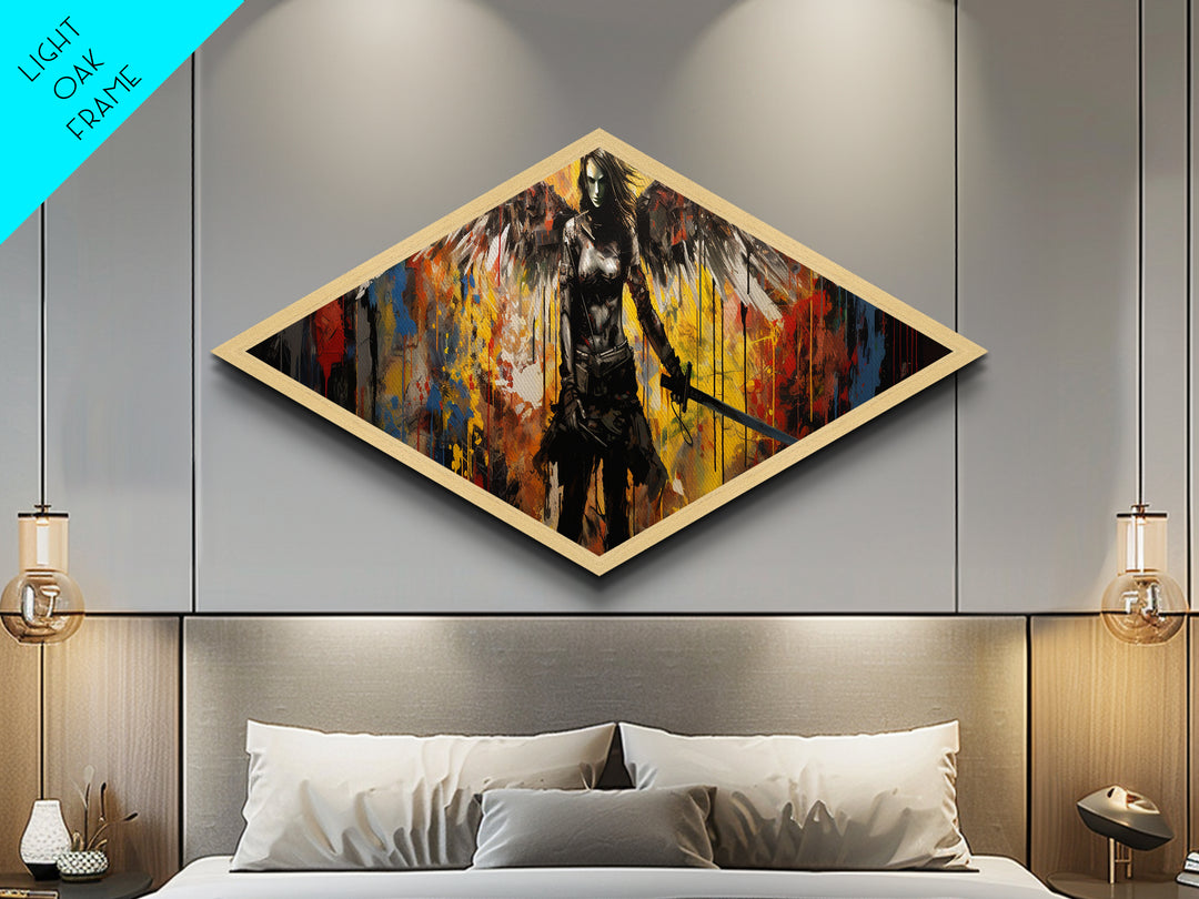 Apocalypse Blade Angel Diamond Shaped Warrior Canvas Art Print urban graffiti style fantasy sword wings chaos dramatic wall decor