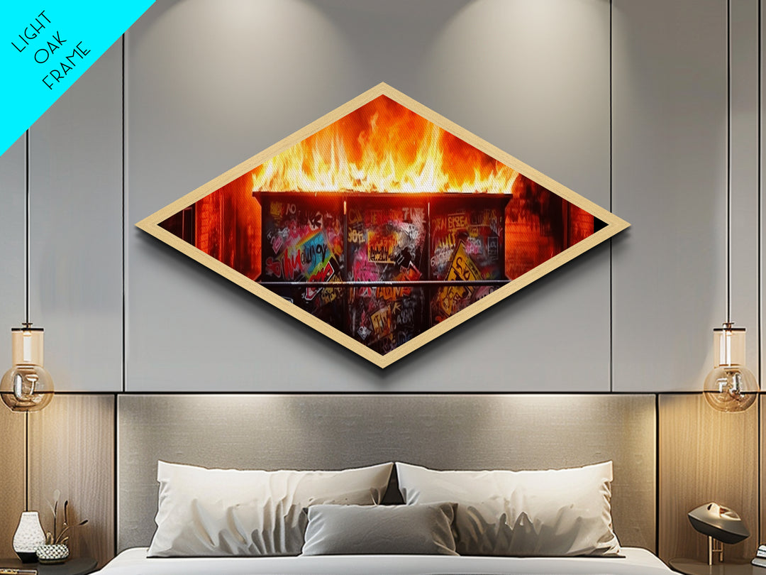 Dumpster Fire Chaos Diamond Shaped Graffiti Canvas Embossed Print burning urban street art protest pop culture modern edgy wall art