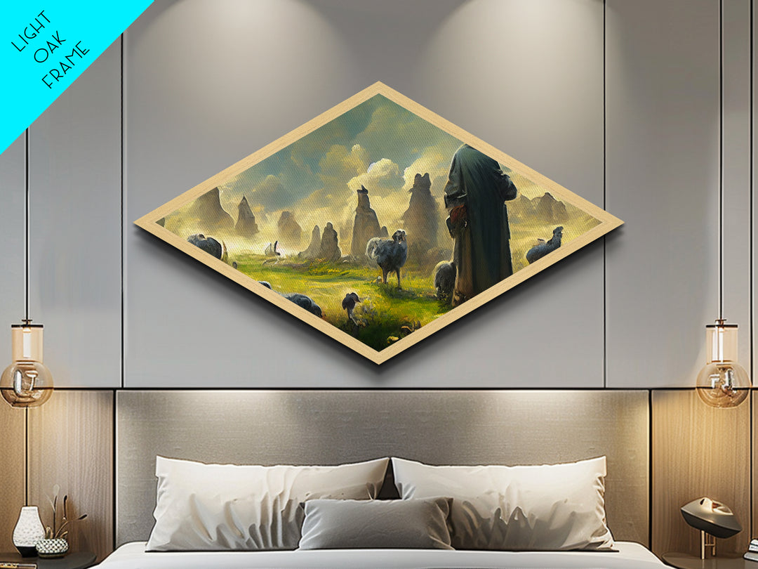 Shepherd’s Morning Peace Diamond Shaped Canvas Embossed Print, pastoral fantasy flock landscape, mystical sunrise with sheep art