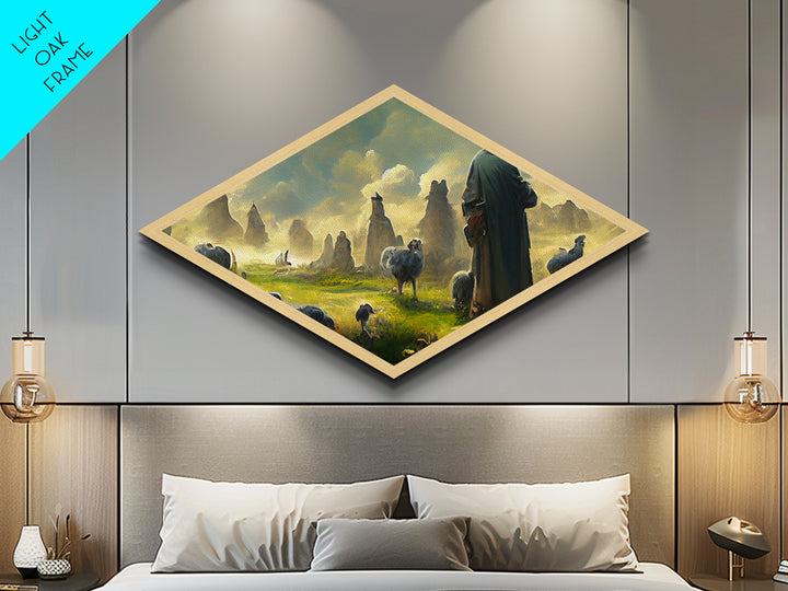 Shepherd’s Morning Peace Diamond Shaped Canvas Embossed Print, pastoral fantasy flock landscape, mystical sunrise with sheep art