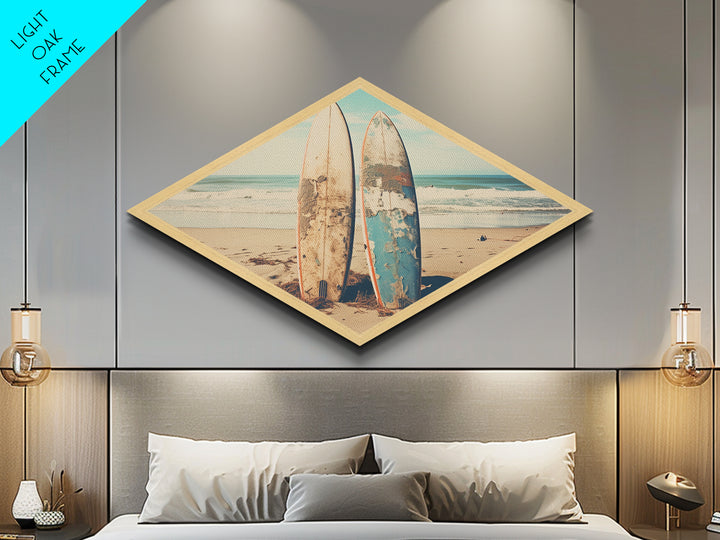 Vintage Surf Duo Diamond Shaped coastal surfboard wall art Canvas Embossed Print beach house rustic vibe nostalgic surfing aesthetic