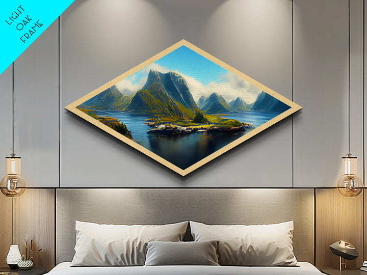 Nordic Fjord Serenity Diamond Shaped Canvas Textured Print, Scandinavian mountain lake art, dramatic nature wilderness wall decor