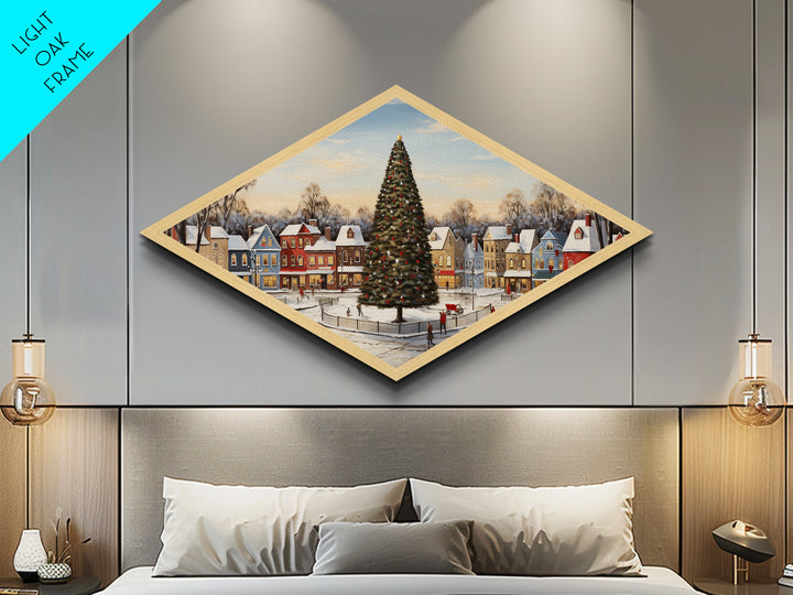 Festive Town Square Diamond Shaped Canvas Embossed Print Christmas tree snowy village nostalgia seasonal living room holiday wall