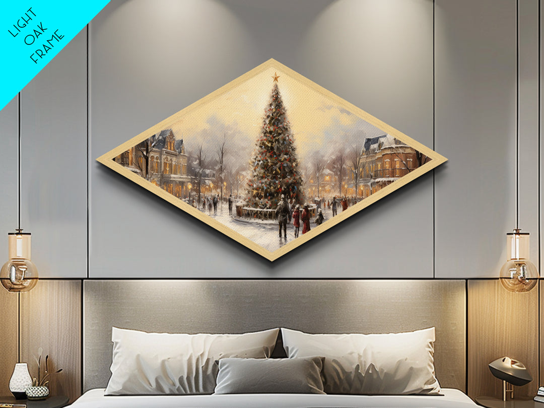 Winter Tree Gathering Diamond Shaped Canvas Art Print snowy downtown scene nostalgic holiday decor perfect wall accent Christmas