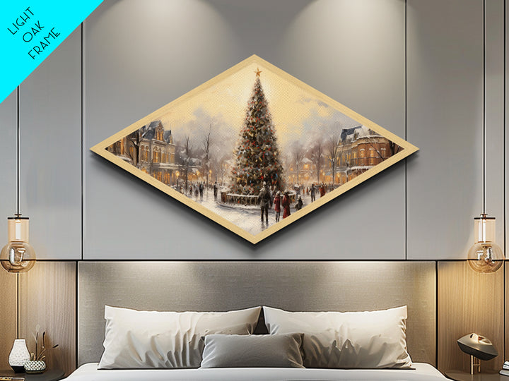 Winter Tree Gathering Diamond Shaped Canvas Art Print snowy downtown scene nostalgic holiday decor perfect wall accent Christmas