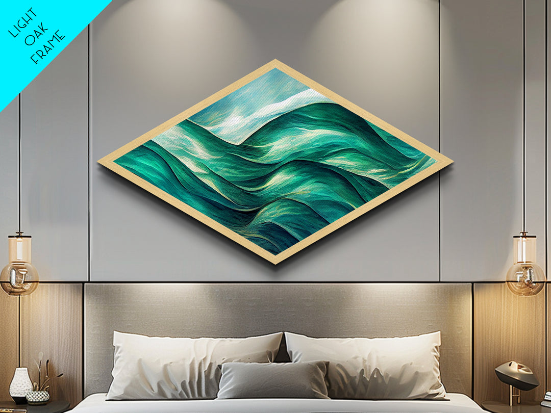 Ocean Flow Rhythm Diamond Shaped Canvas Art Print, Abstract Sea Waves Wall Decor, Modern Coastal Blue Green Nautical Room Accent