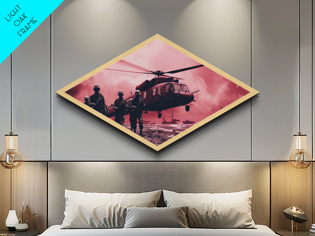 Tactical Insertion Helicopter — Diamond Shaped Canvas Art Print for military home office, aviation gift, soldier room wall decor