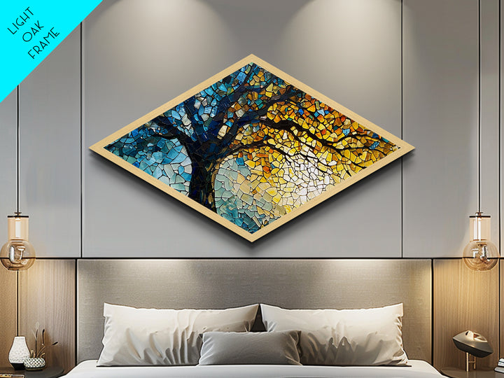 Tree of Radiance — Diamond Shaped Canvas Embossed Print mosaic nature decor, stained glass style, spiritual healing tree wall piece