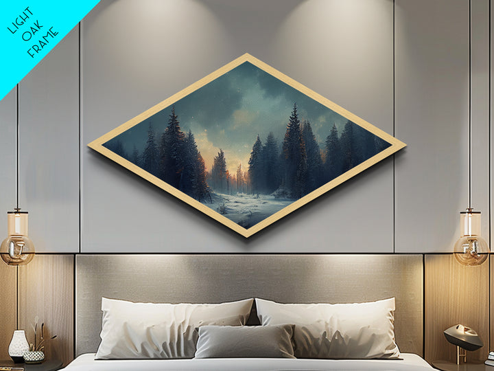 Snowy Forest Twilight Diamond Shaped Canvas Textured Print, Winter Pines Sunset Wall Art, Cozy Rustic Cabin Nature Scene Accent