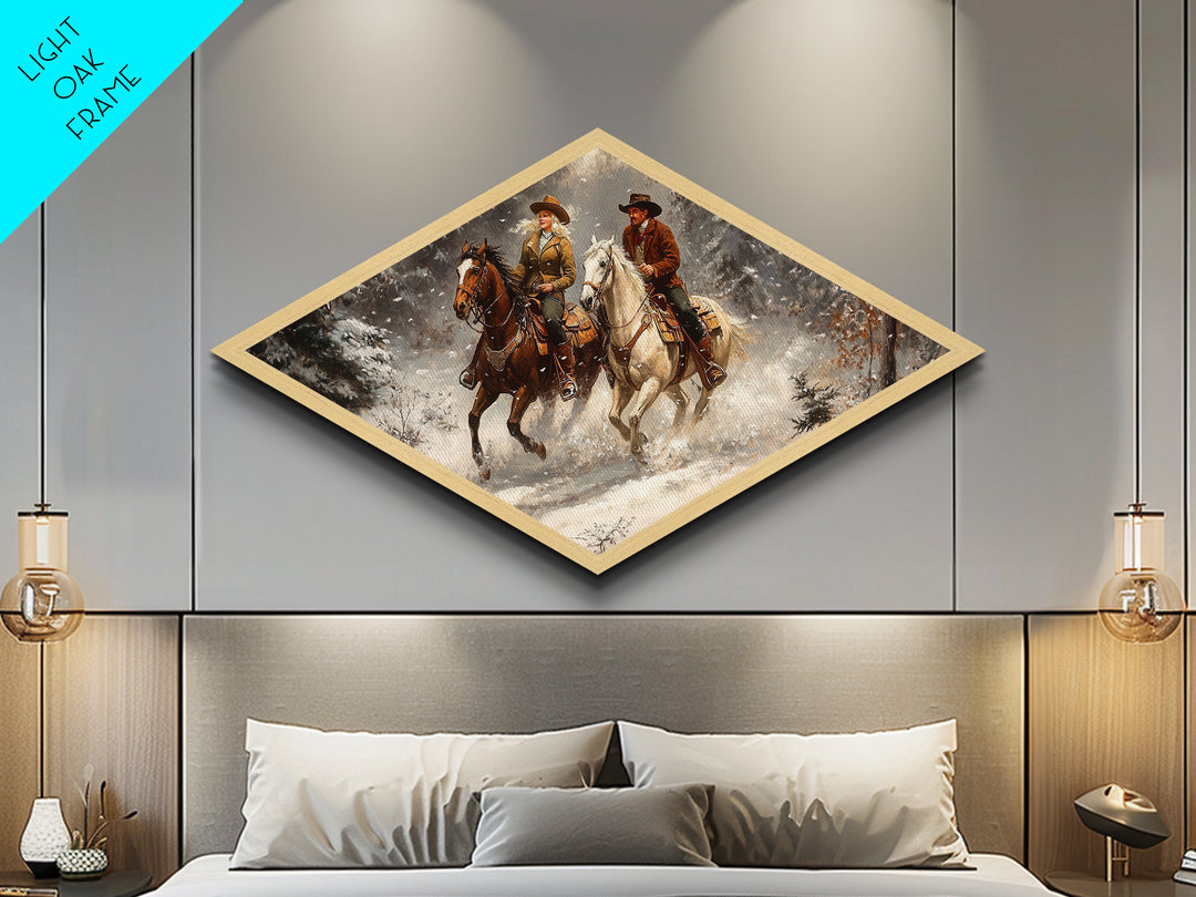 Snowy Ride Together Diamond Shaped Canvas Textured Print rustic winter cowboy wall art lodge decor western cabin Christmas gift
