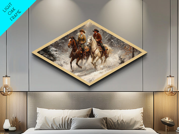 Snowy Ride Together Diamond Shaped Canvas Textured Print rustic winter cowboy wall art lodge decor western cabin Christmas gift