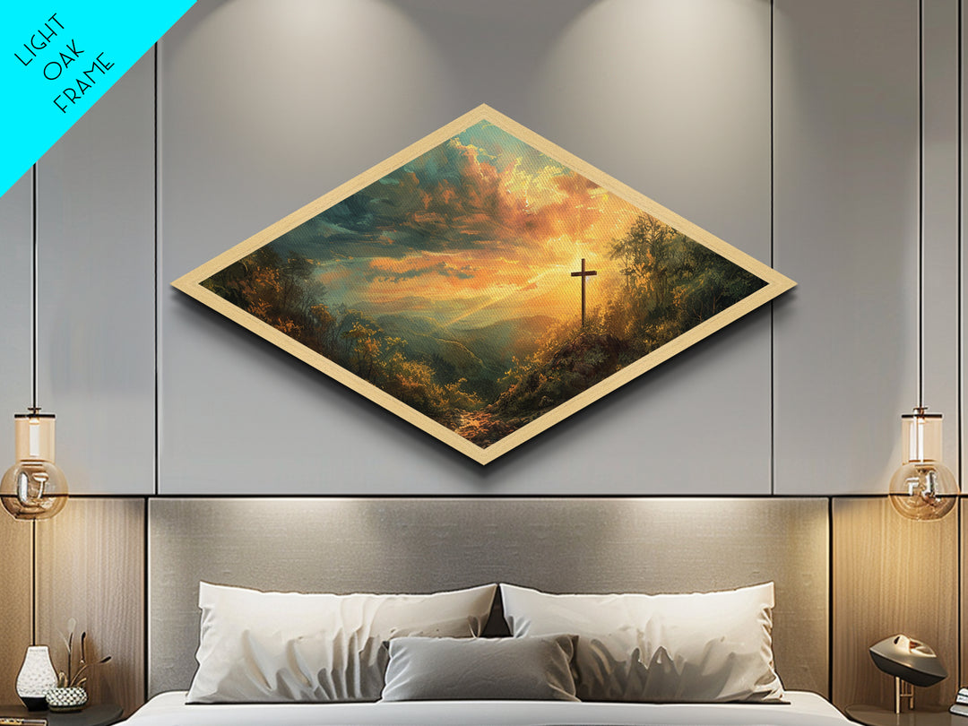 Glory Hill Sunrise Diamond Shaped Canvas Embossed Print Christian spiritual artwork living room decor Easter resurrection gift