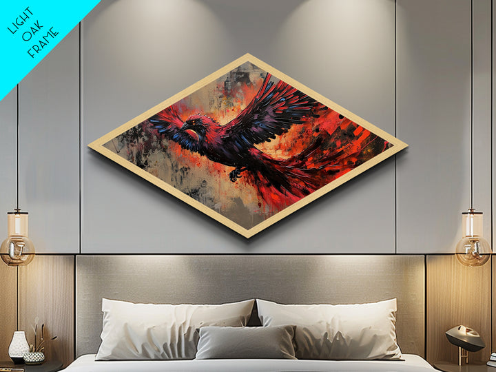 Fiery Phoenix Flight Diamond Shaped Canvas Textured Print red black bird in motion dynamic modern expressionism bold home wall statement