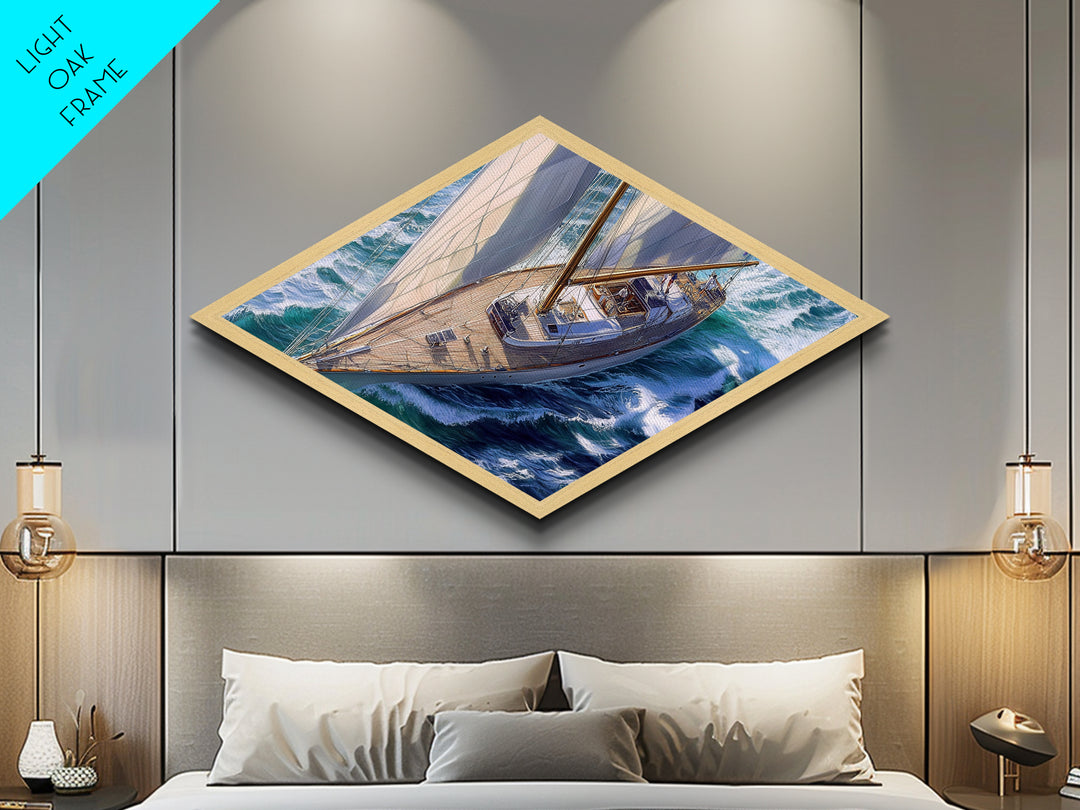 Ocean Sail Escape Diamond Shaped Canvas Textured Print majestic sailboat on waves nautical marine wall art coastal living or beach house