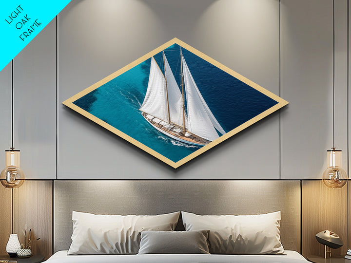 Azure Horizon Yacht Diamond Shaped Canvas Art Print elegant sailing ship overhead view crisp turquoise waters nautical wall decor piece