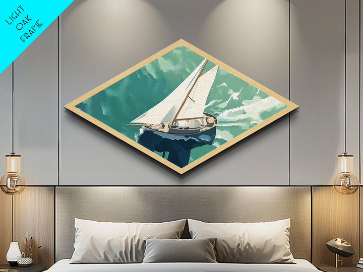 Serene Sailing Calm Diamond Shaped Canvas Textured Print illustrated boat over green sea minimalist marine design tranquil beach house vibe