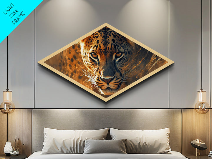 Electric Leopard Gaze Diamond Shaped Canvas Embossed Print Big Cat Wall Art Jungle Animal Decor Wildlife Accent Living Room Bold Gift