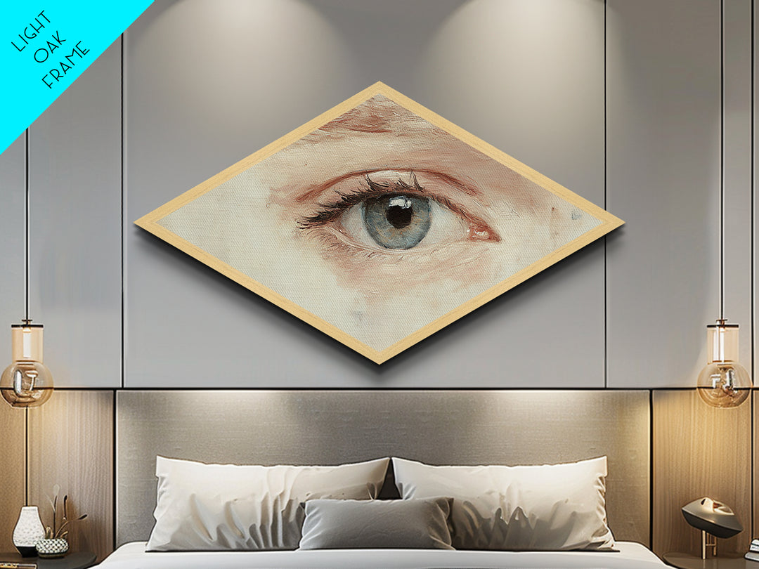 Blue Eye Realism Diamond Shaped Canvas Textured Print Hyperreal Oil Detail Surreal Wall Art Unique Minimalist Modern Bedroom Decor