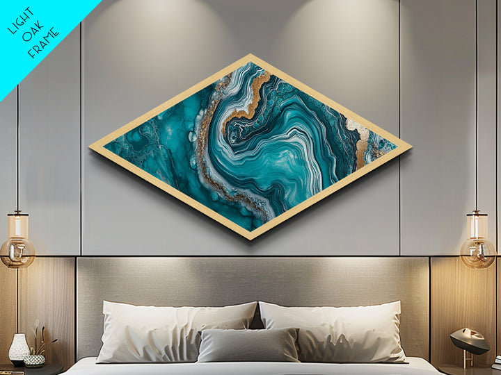 Turquoise Geode Glow Diamond Shaped Canvas Textured Print Earthy Crystal Wall Art Boho Teal Abstract Bedroom Office or Hallway Style