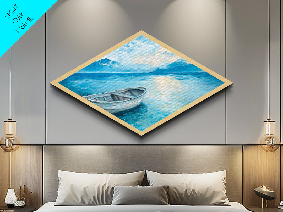 Tranquil Rowboat - Diamond Shaped Canvas Art Print Coastal Landscape Home Wall Decor Serene Lakeview Bedroom Nautical Painting