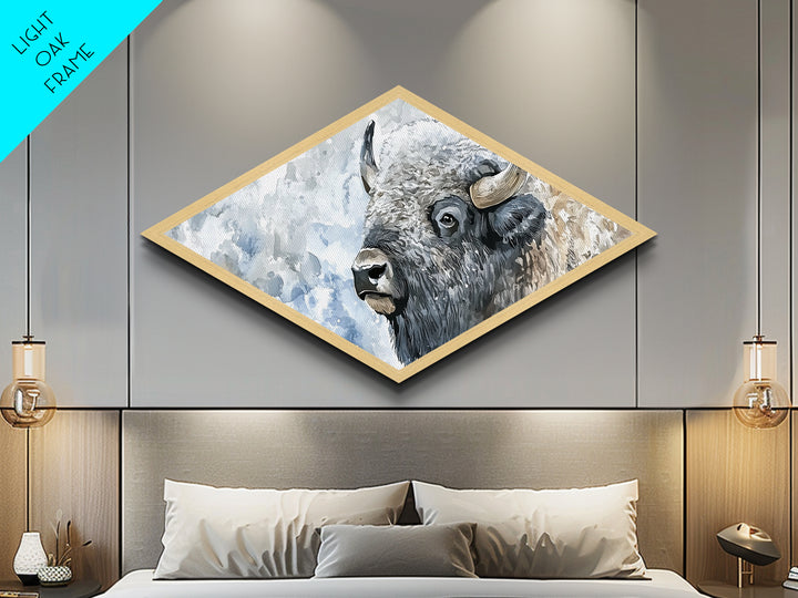 Snowy Bison - Diamond Shaped Canvas Art Print Western Wildlife Wall Decor Lodge Rustic Art Winter Buffalo Cabin Nature Accent