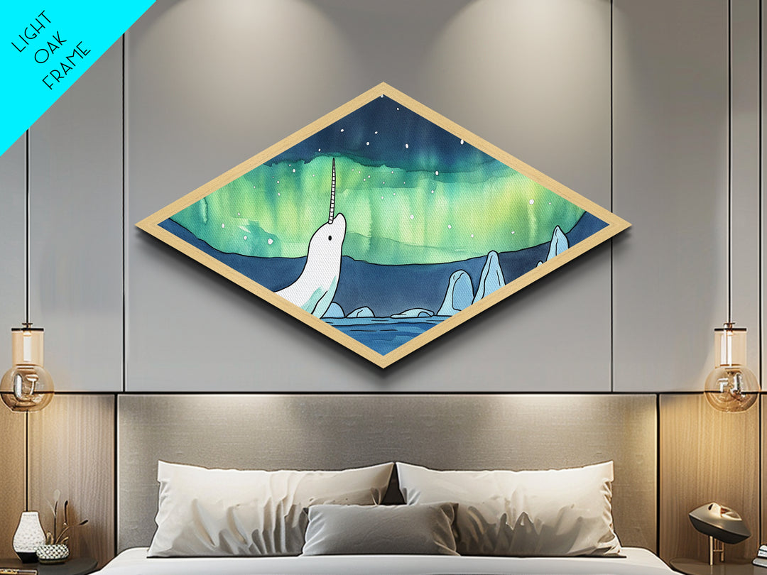 Whimsical Narwhal In The Arctic Canvas Textured Art Print, Diamond Shaped Wall Art, Aurora Borealis Wall Art, Cute Art
