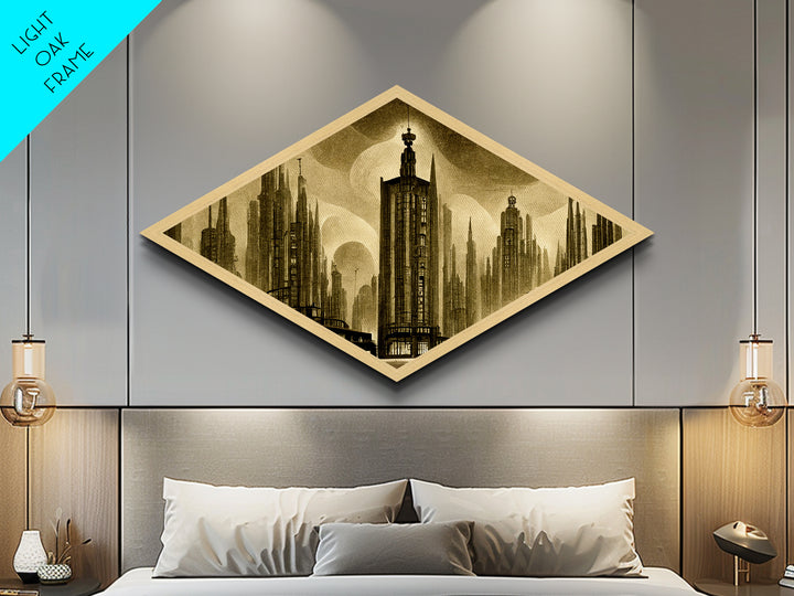 Dark City Art Deco Metropolis, Framed Canvas Art Print, Architecture Painting, Cool office Decor Gift For Him