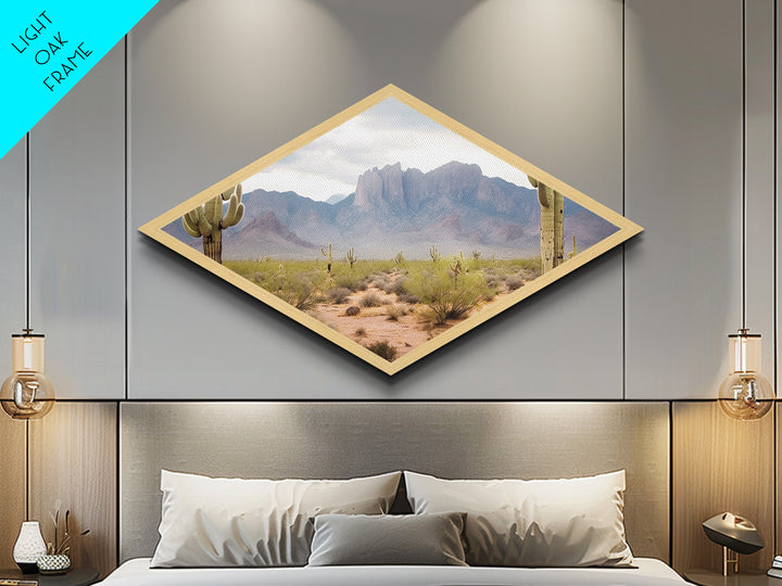 Desert Mountain Cactus View Diamond Shaped Canvas Textured Print southwestern desert landscape wall art rustic home decor gift